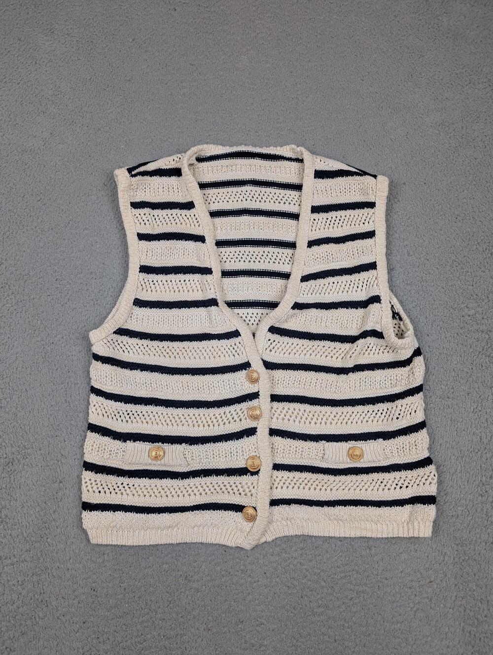 Cider Sweater Vest Womens XL Cream Navy Striped Cotton Open Knit Button Front